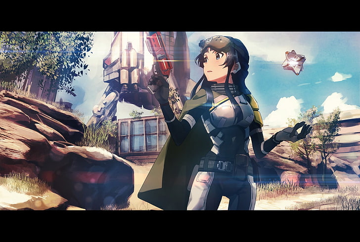 woman holding laser gun illustartion, anime, weapon, anime girls, Mogami Shizuka, Destiny (video game), HD wallpaper